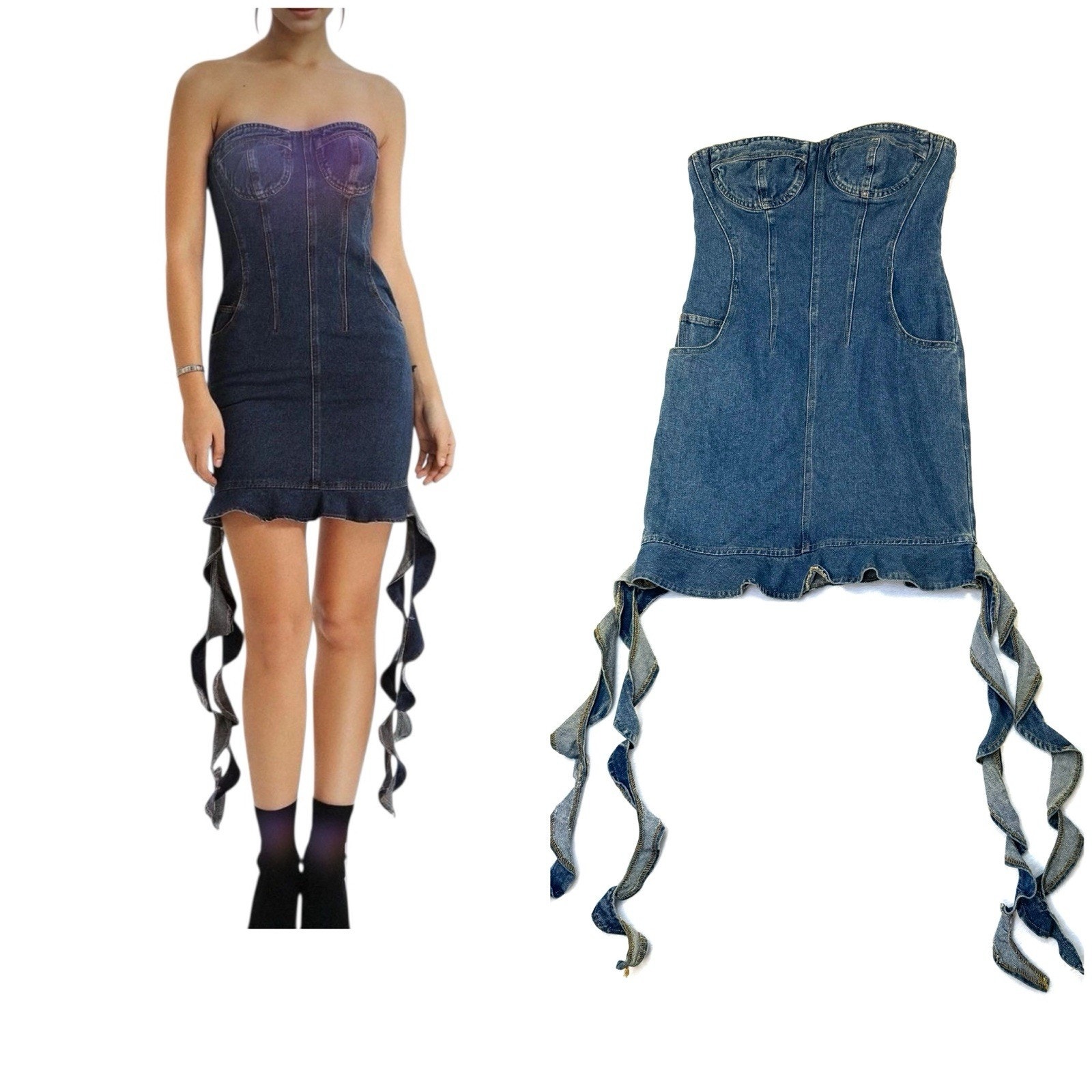 New Another Mode Strapless Corset Denim Mini Dress Women Sweetheart Neck Size S